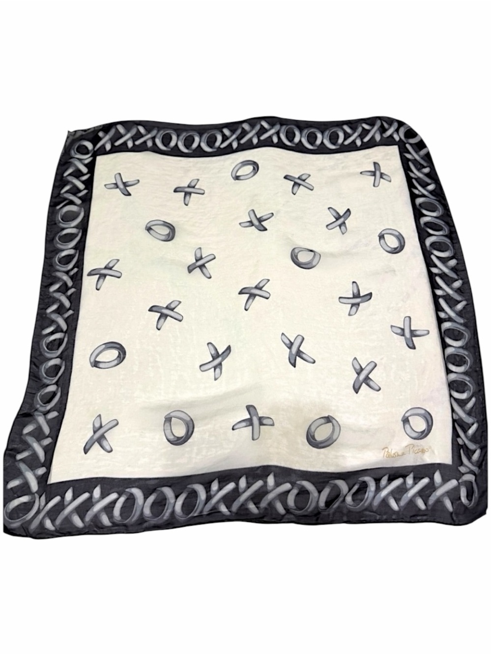 Vintage Paloma Picasso XOXO Silk Scarf Black Beige Hugs & Kisses Italy - Picture 8 of 16